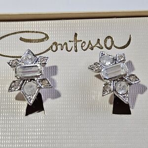 Contessa Silver Tone Rhinestone Clip On Earrings